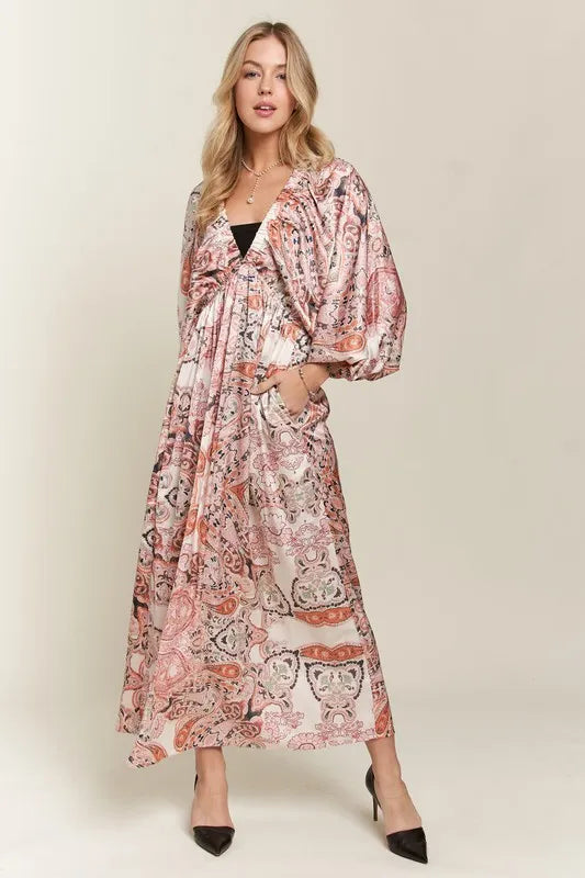 ADORA Printed V-Neck Batwing Sleeve Dress - Brittney MADE