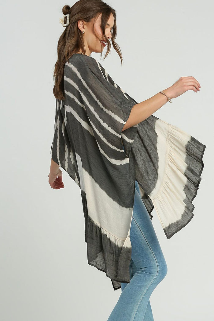Umgee Full Size Tie Dye Back String Tie Open Front Kimono Sleeve Cover Up Plus Size - Brittney MADE