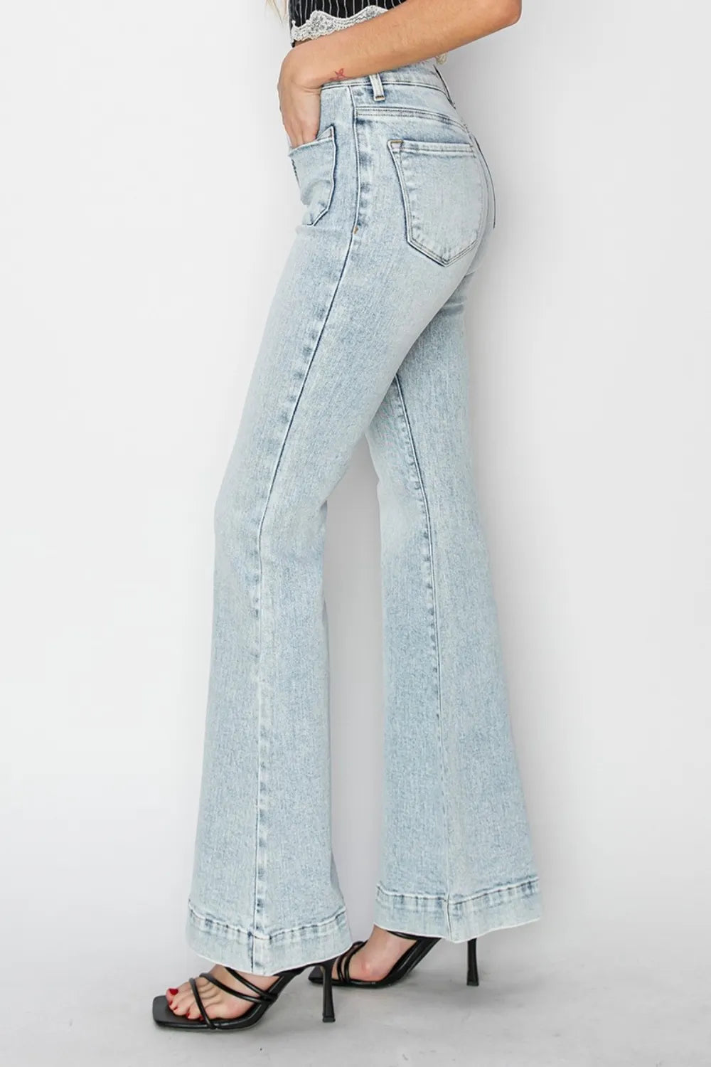 Risen Full Size High Rise Front Patch Pocket Flare Jeans - Brittney MADE