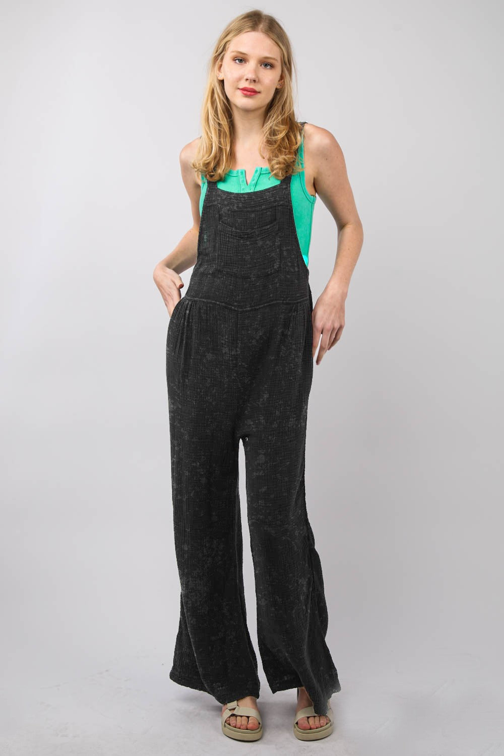 VERY J Texture Washed Wide Leg Overalls - Brittney MADE
