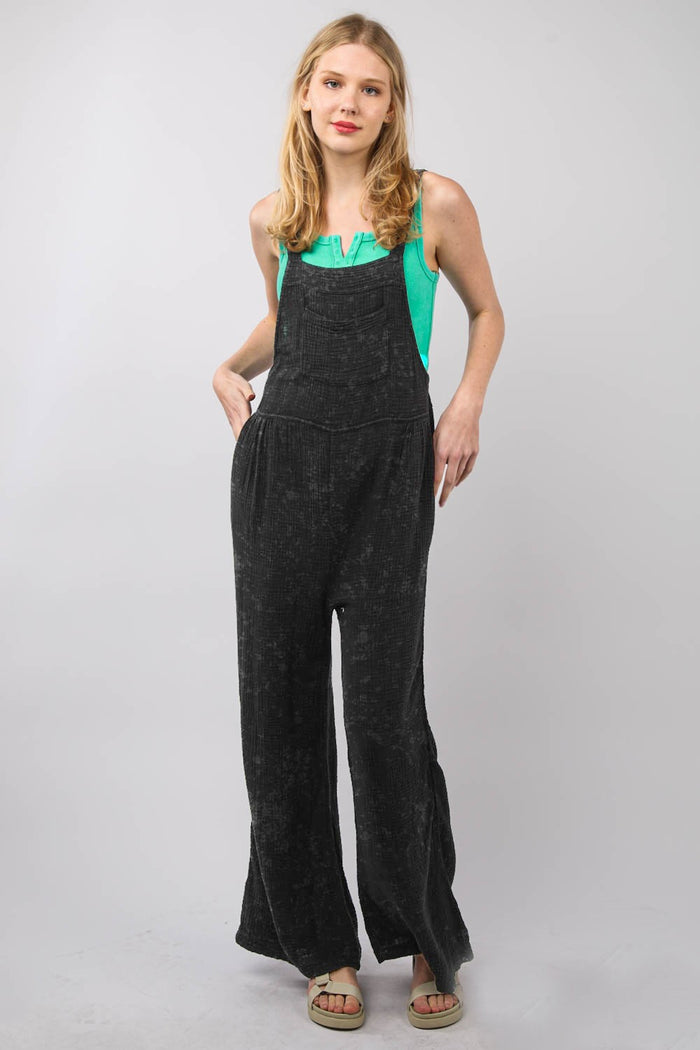 VERY J Texture Washed Wide Leg Overalls - Brittney MADE