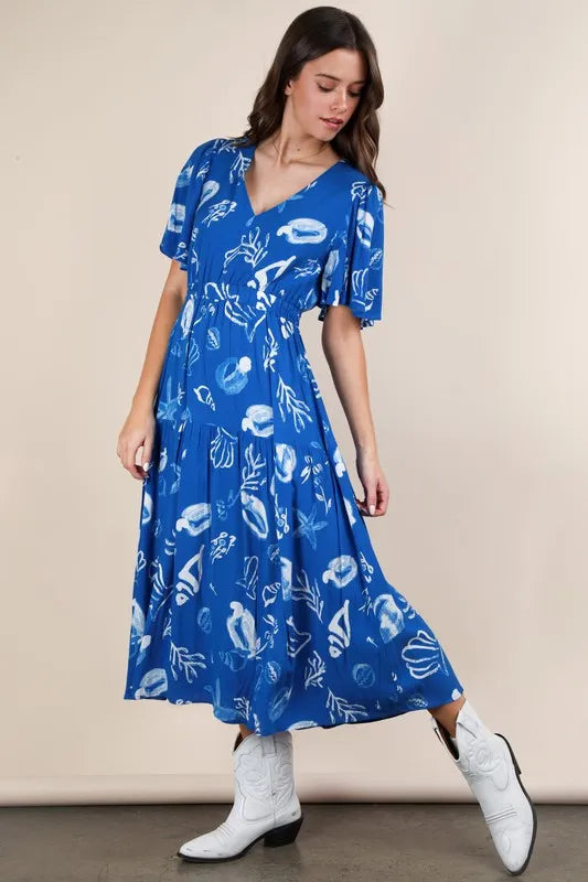 VERY J Printed V-Neck Resort Midi Dress - Brittney MADE