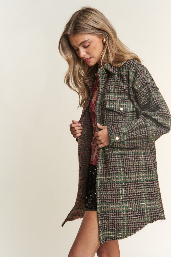 J.NNA Snap Down Tweed Plaid Contrast  Longline Shacket - Brittney MADE