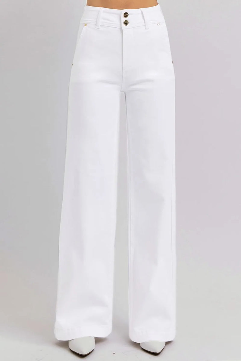 RISEN Full Size Tummy Control Double Button Wide Leg Jeans - Brittney MADE