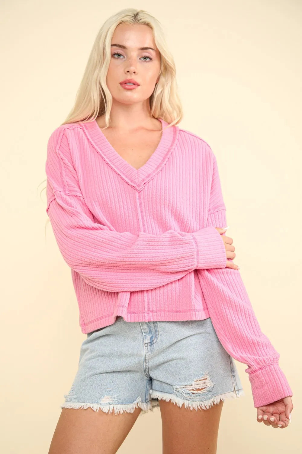 VERY J Exposed Seam V-Neck Ribbed Knit Top - Brittney MADE