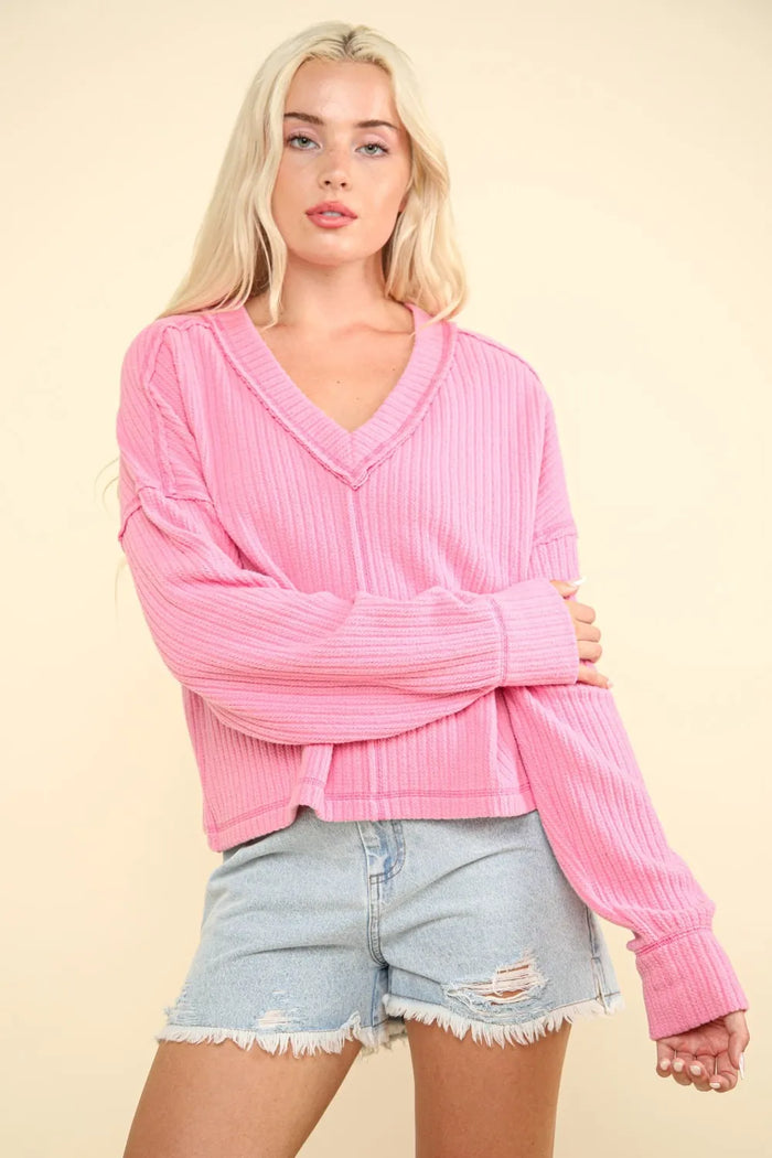 VERY J Exposed Seam V-Neck Ribbed Knit Top - Brittney MADE