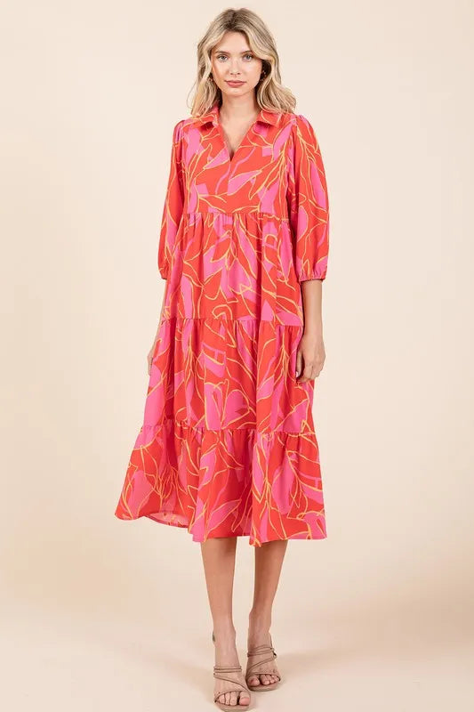Mittoshop Tiered Printed Collared Neck Midi Dress - Brittney MADE