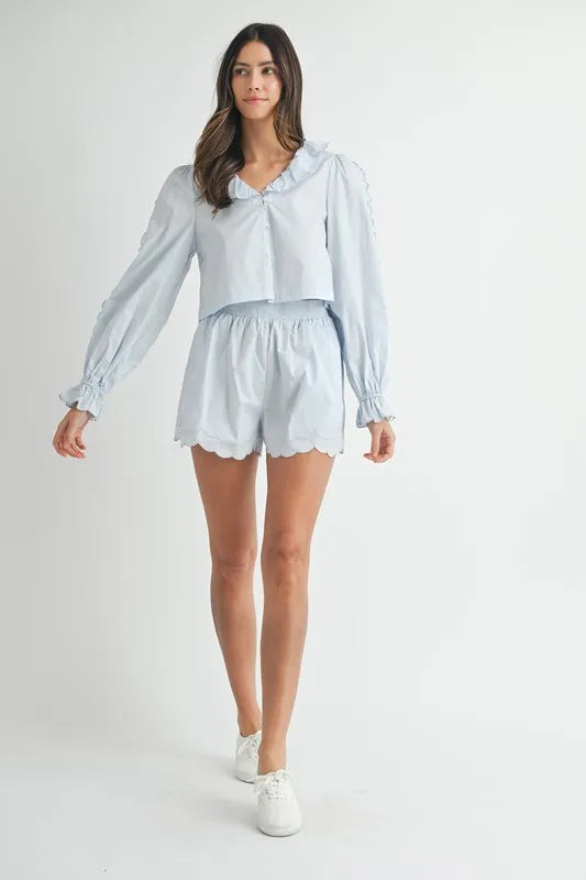 MABLE Long Sleeve Scallop Blouse and Shorts Set - Brittney MADE