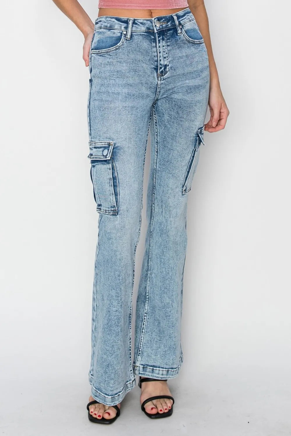 RISEN Full Size High Rise Cargo Flare Jeans - Brittney MADE