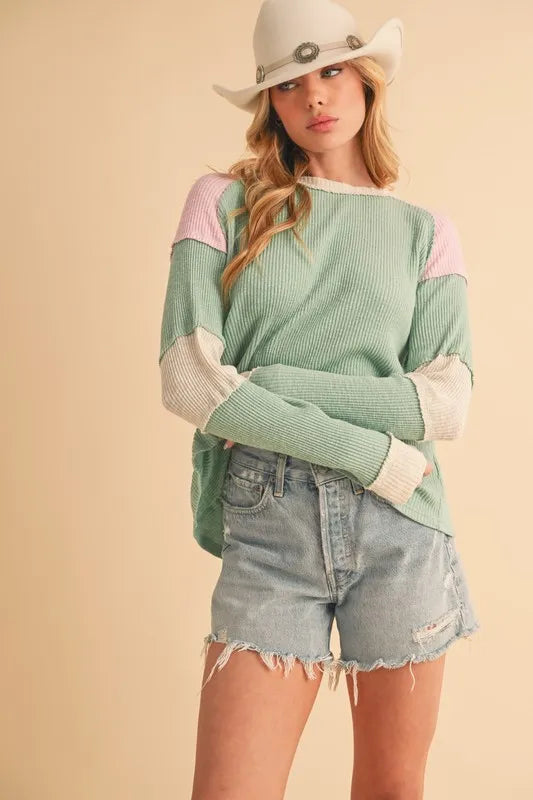 Aemi + Co Raw Seam Color Block Round Neck Knit Top - Brittney MADE