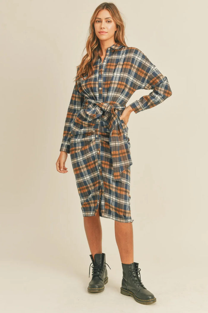Mable Plaid Flannel Front Tie Button Down Shirt Dress - Brittney MADE