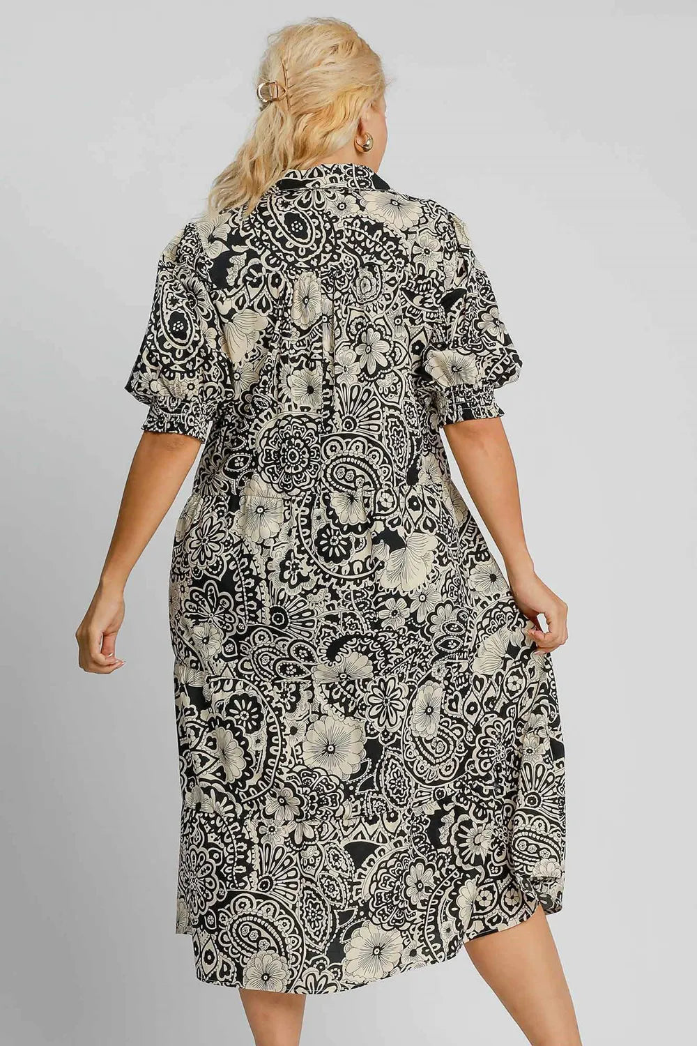 Umgee Full Size Printed Smocked Cuff Puff Sleeve Midi Dress Plus Size - Brittney MADE