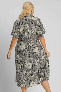 Umgee Full Size Printed Smocked Cuff Puff Sleeve Midi Dress Plus Size - Brittney MADE