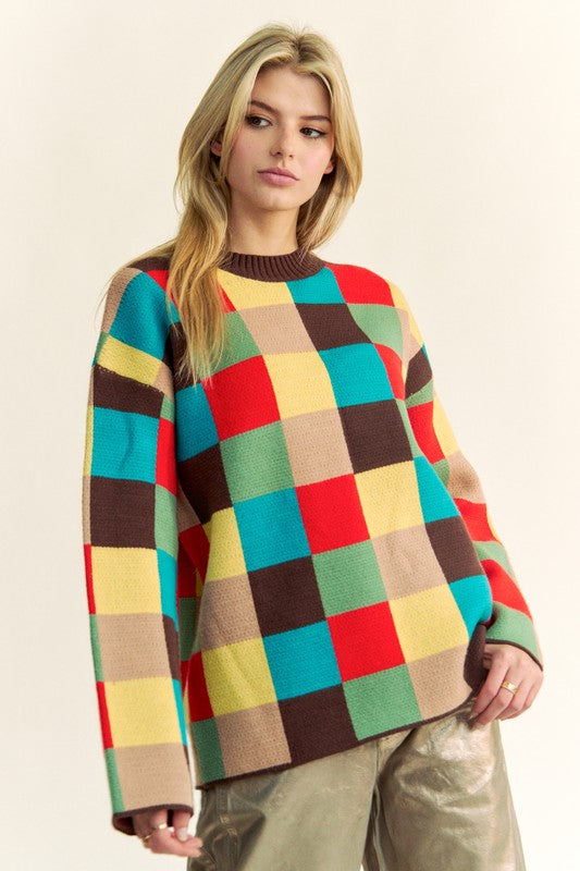 Davi & Dani Color Block Checkered Dropped Shoulder Sweater - Brittney MADE