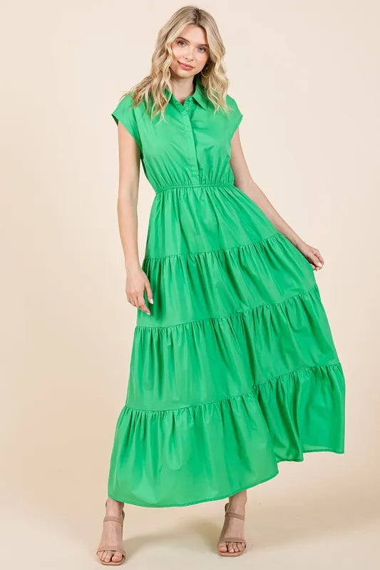 Mittoshop Button Up Collared Tiered Maxi Shirt Dress - Brittney MADE
