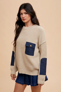 Annie Wear Contrast Round Neck Drop Shoulder Sweater with Patch Pocket - Brittney MADE