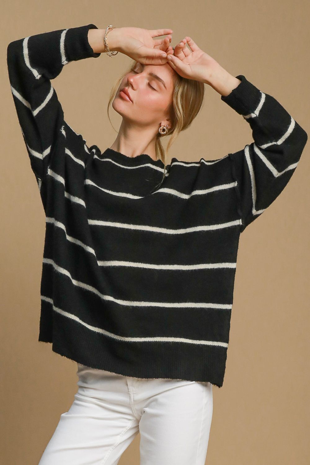 Umgee Wool Blend Striped Round Neck Sweater - Brittney MADE