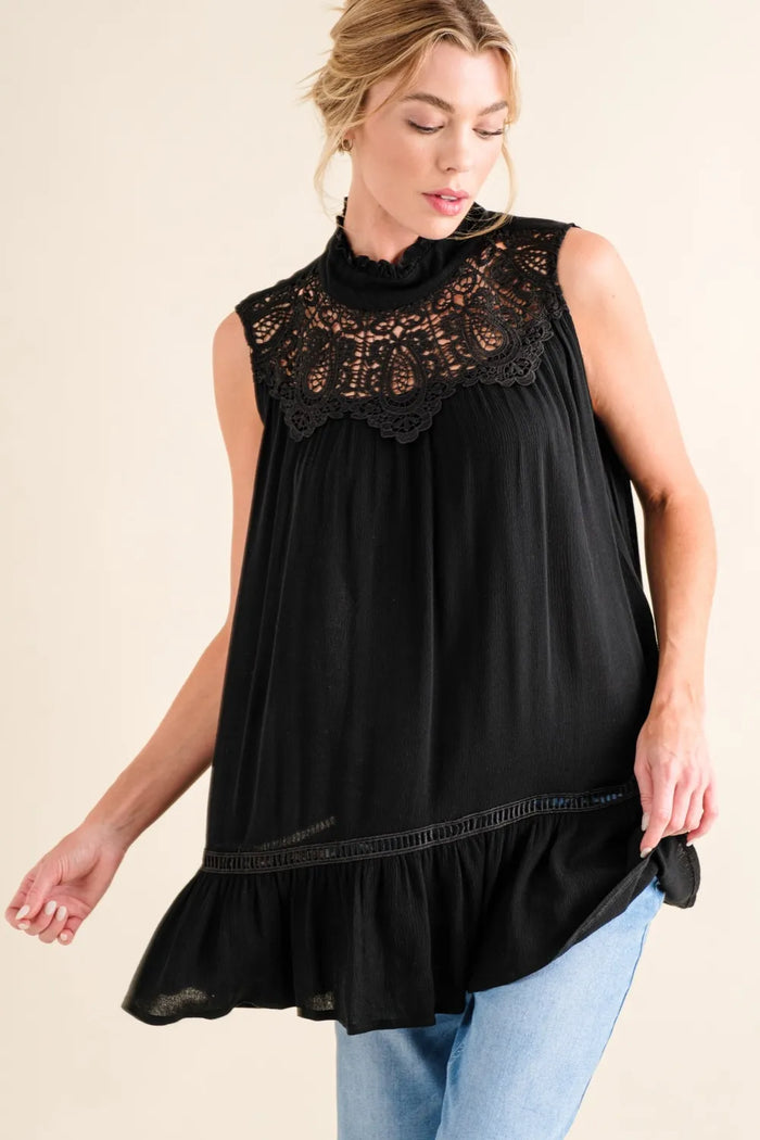 And The Why Lace Detail Sleeveless Ruffled Top - Brittney MADE