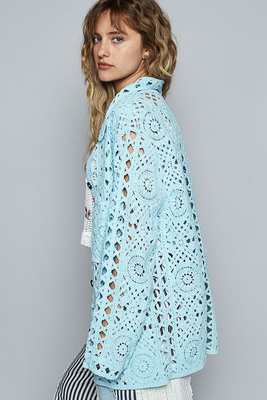 POL Crochet Button Up Cardigan with Chest Patch Pockets - Brittney MADE