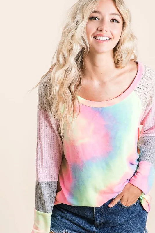 BiBi Tie Dye Terry Top with Color Block Pointelle Knit - Brittney MADE