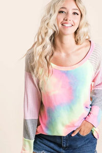 BiBi Tie Dye Terry Top with Color Block Pointelle Knit - Brittney MADE