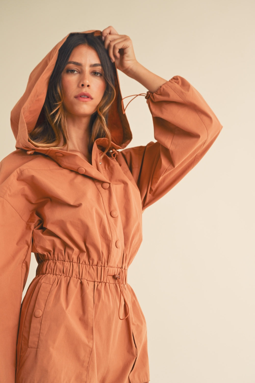 Mable Snap Down Long Sleeve Hooded Romper - Brittney MADE