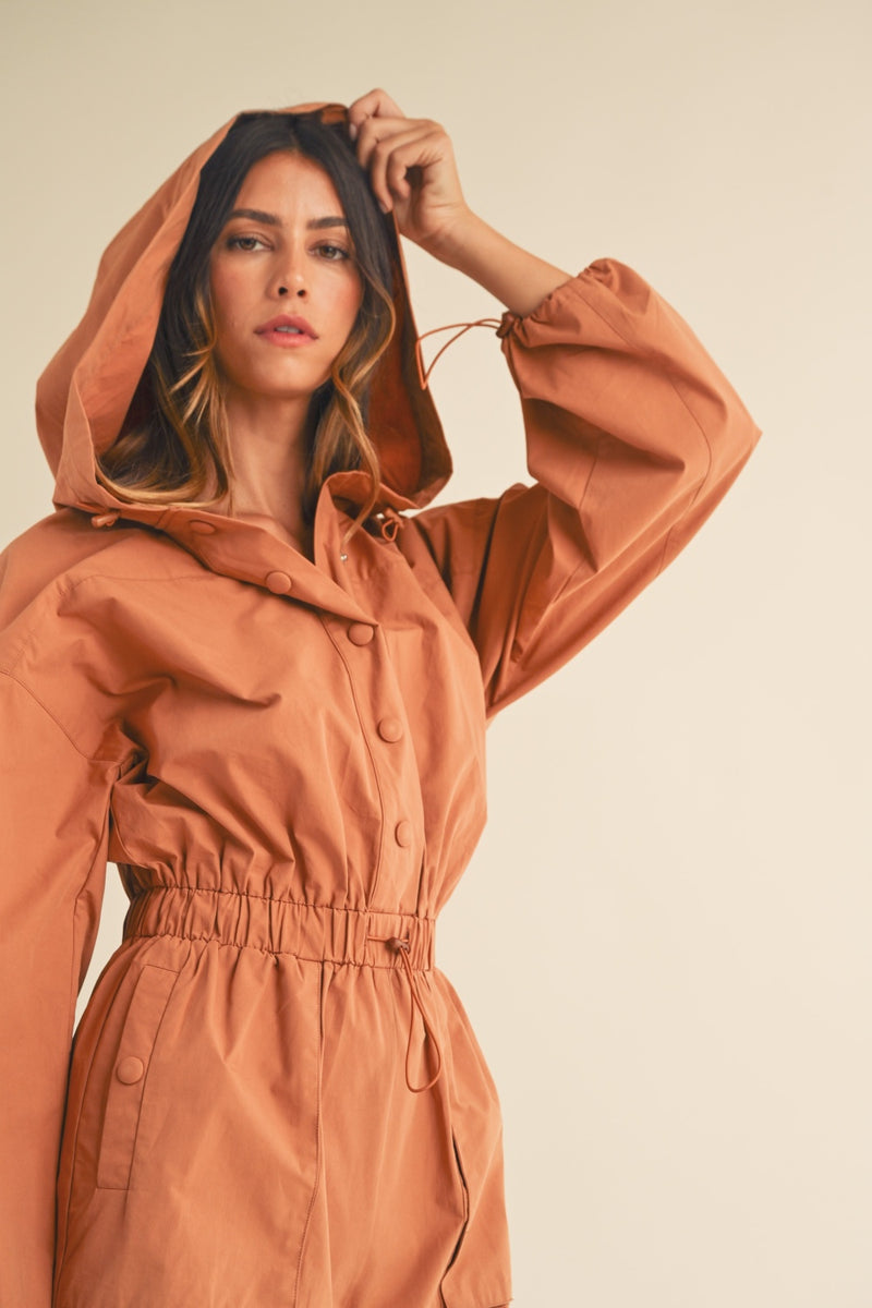 Mable Snap Down Long Sleeve Hooded Romper - Brittney MADE