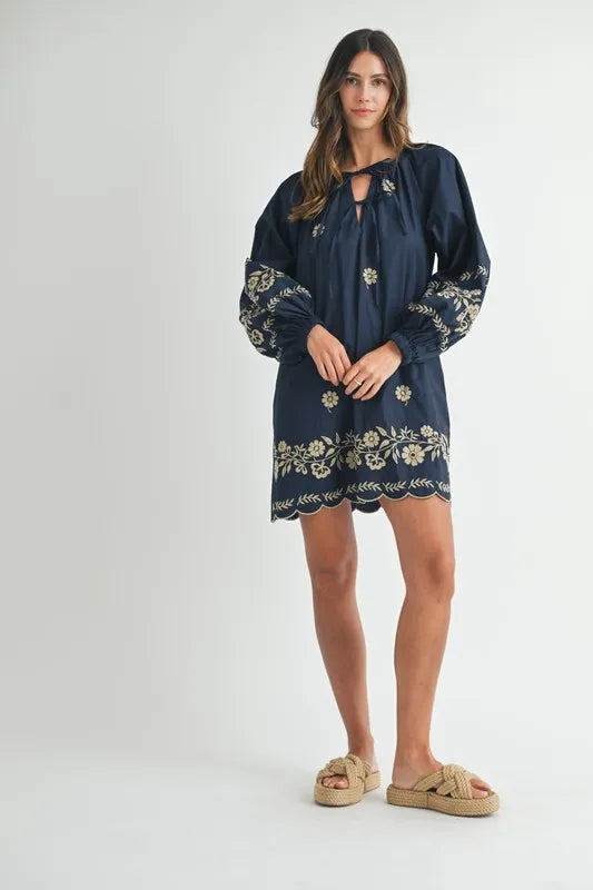 MABLE Embroidered Long Sleeve Peasant Mini Dress - Brittney MADE