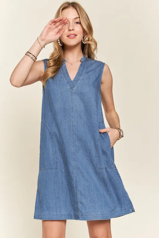 ADORA Notched Sleeveless Denim Dress with Pockets - Brittney MADE