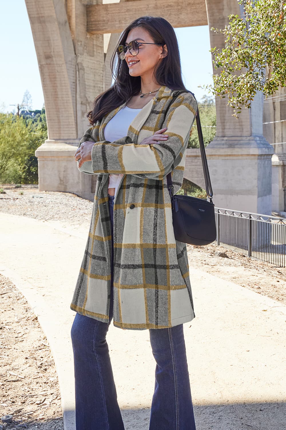 Double Take Full Size Plaid Button Up Lapel Collar Coat - Brittney MADE