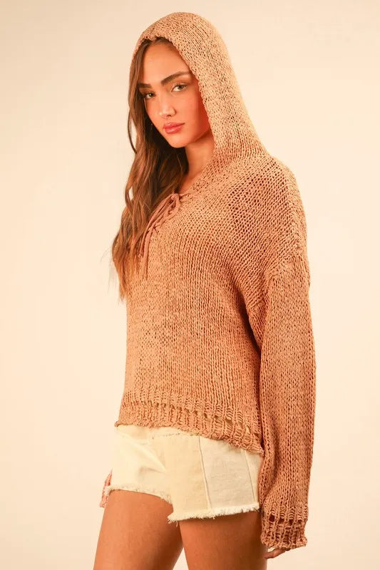 VERY J Oversized Openwork Lace Up Hooded Sweater - Brittney MADE