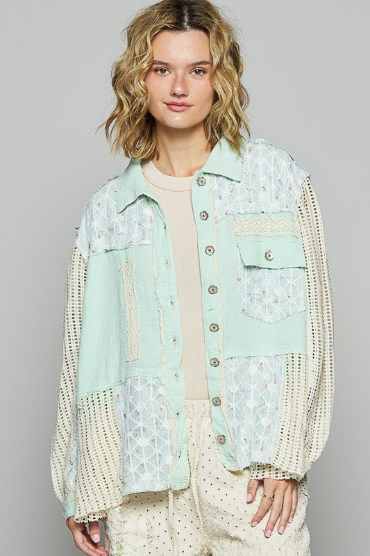 POL Lace Trim Crochet Button Up Denim Jacket - Brittney MADE