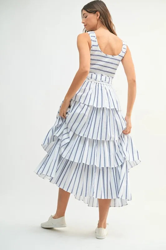 MABLE Pin Stripe Smocked Bodice Layered Midi Dress - Brittney MADE