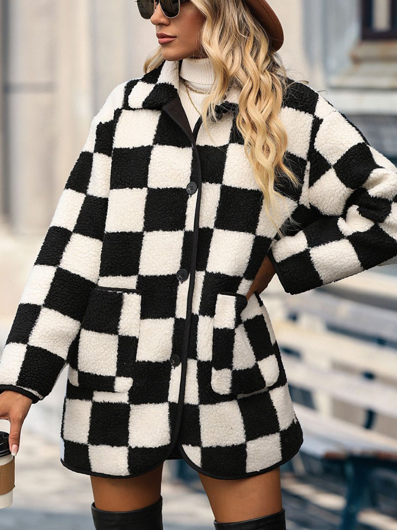 Double Take Full Size Checkered Button Front Coat with Pockets - Brittney MADE