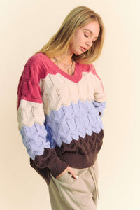 Davi & Dani Wavy Texture Color Block V-Neck Sweater - Brittney MADE