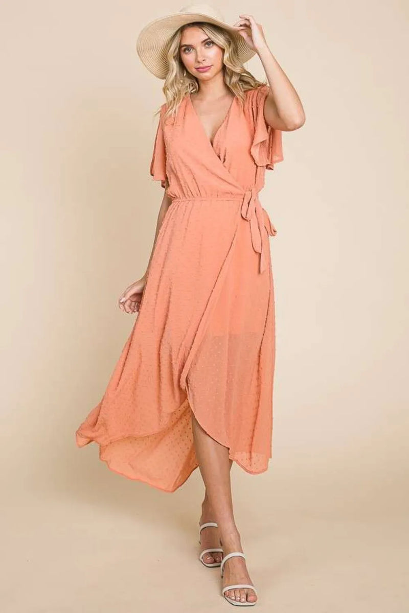 Culture Code Full Size Swiss Dot Tied Slit Short Sleeve Dress - Brittney MADE