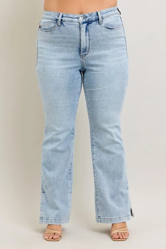 Judy Blue Full Size Tummy Control Vintage Wash Side Slit Slim Boot Jeans Plus Size - Brittney MADE