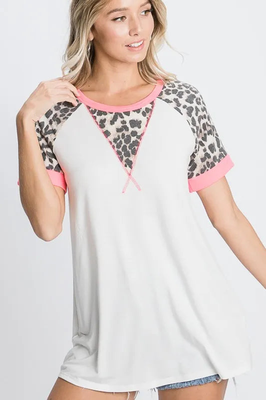 HeimishFull Size Leopard Round Neck Short Sleeve T-Shirt with Stitch Plus Size - Brittney MADE