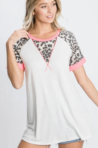 HeimishFull Size Leopard Round Neck Short Sleeve T-Shirt with Stitch Plus Size - Brittney MADE
