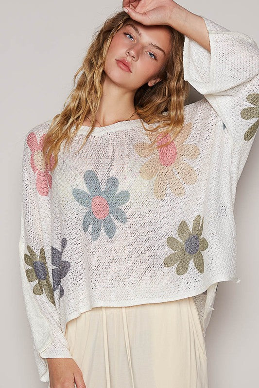 POL Flower Dropped Shoulder Long Sleeve Knit Top - Brittney MADE