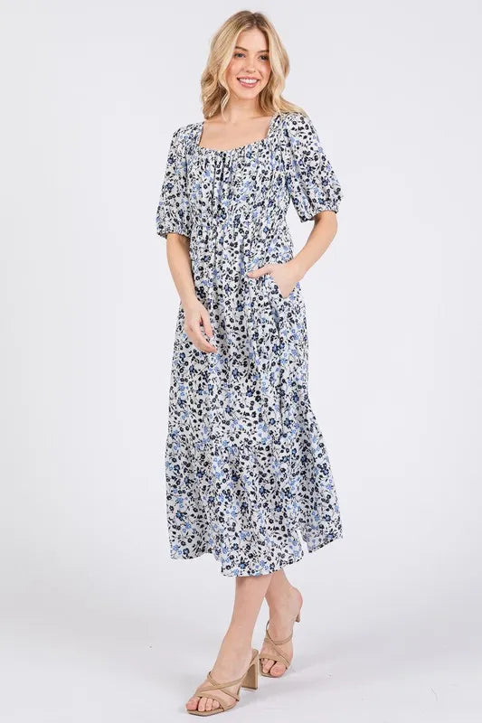Ces Femme Floral Square Neck Puff Sleeve Midi Dress - Brittney MADE