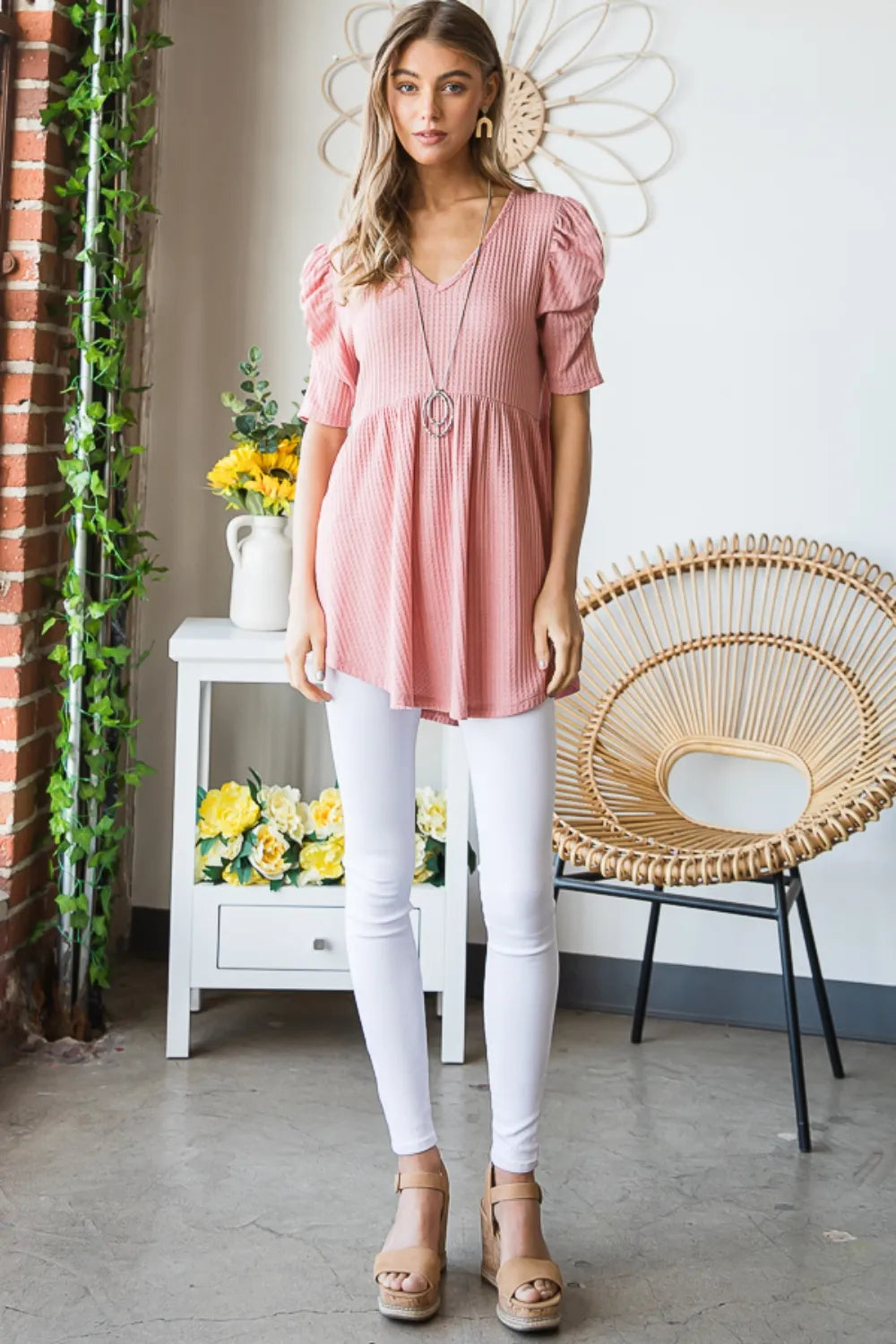 Heimish Full Size Waffle Knit V-Neck Babydoll Top - Brittney MADE
