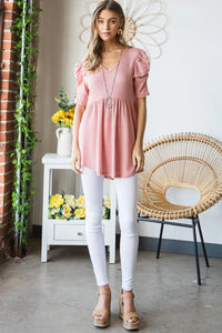 Heimish Full Size Waffle Knit V-Neck Babydoll Top - Brittney MADE