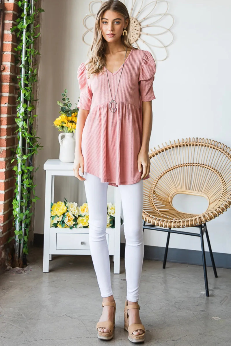 Heimish Full Size Waffle Knit V-Neck Babydoll Top - Brittney MADE