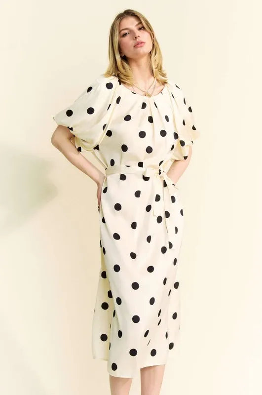 Davi & Dani Polka Dot Puff Sleeves Waist Tie Midi Dress - Brittney MADE