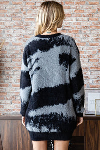 First Love Full Size Abstract Pattern Contrast Feather Yarn Sweater - Brittney MADE