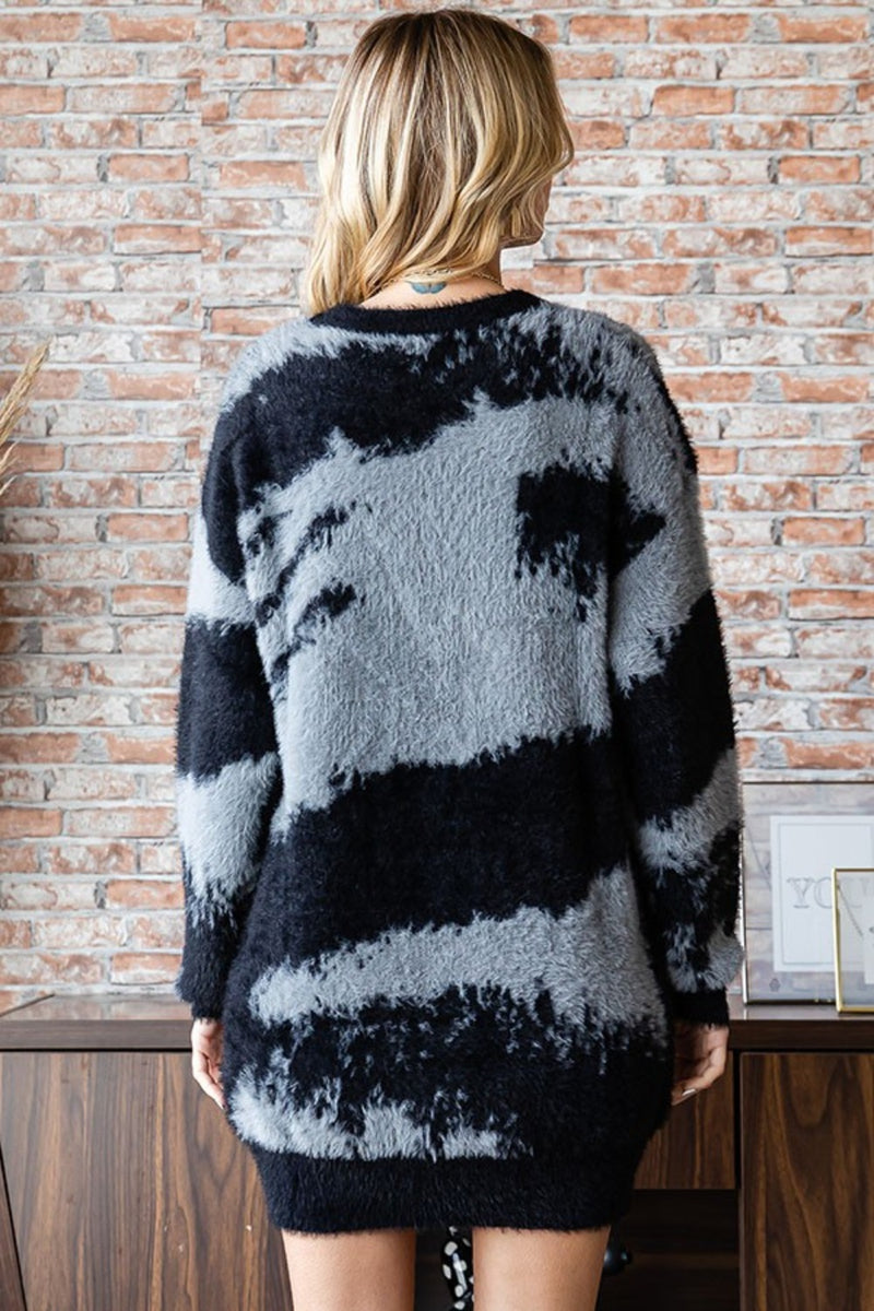 First Love Full Size Abstract Pattern Contrast Feather Yarn Sweater - Brittney MADE