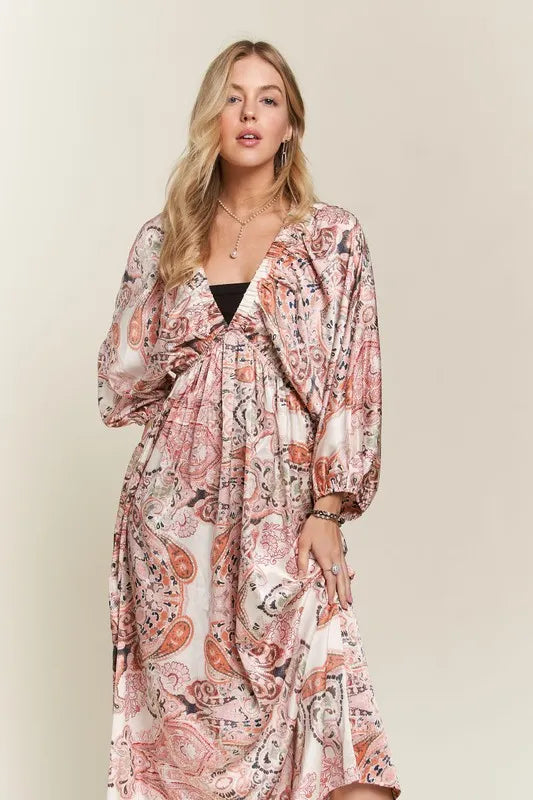 ADORA Printed V-Neck Batwing Sleeve Dress - Brittney MADE