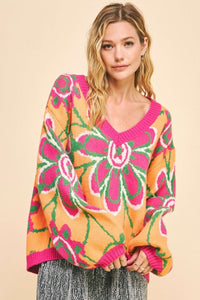 Davi & Dani Floral Contrast V-Neck Dropped Shoulder Sweater - Brittney MADE