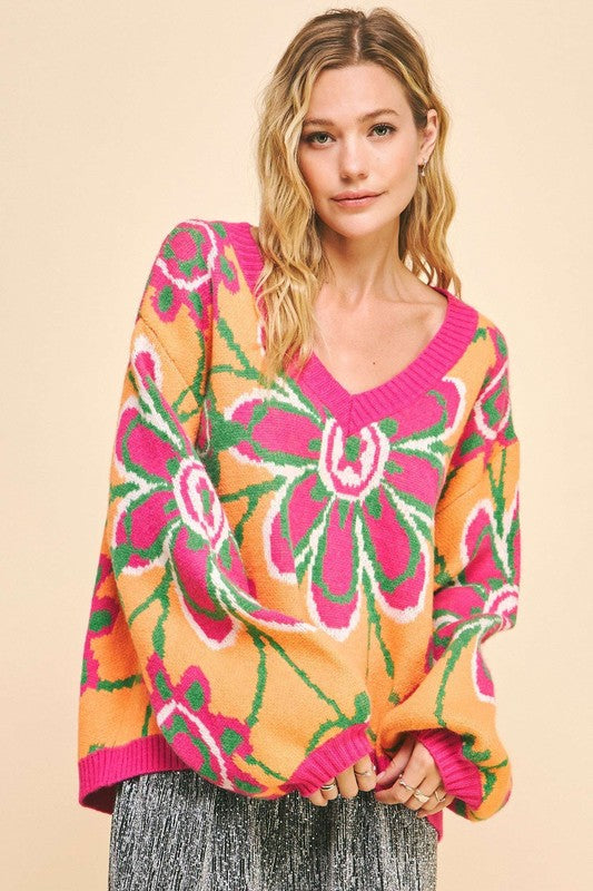 Davi & Dani Floral Contrast V-Neck Dropped Shoulder Sweater - Brittney MADE